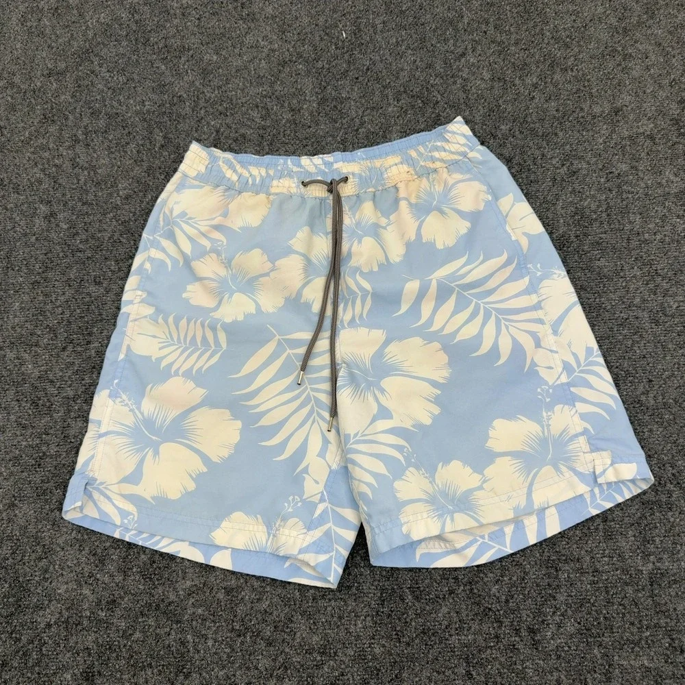 Thomas Dean Swim Trunks Mens M Blue Polyester Hibiscus Floral Beach Summer Style